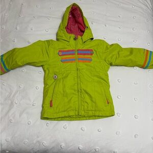 Obermeyer Kids set in Lime Green with Pink and Blue Accents. Pink snow bib